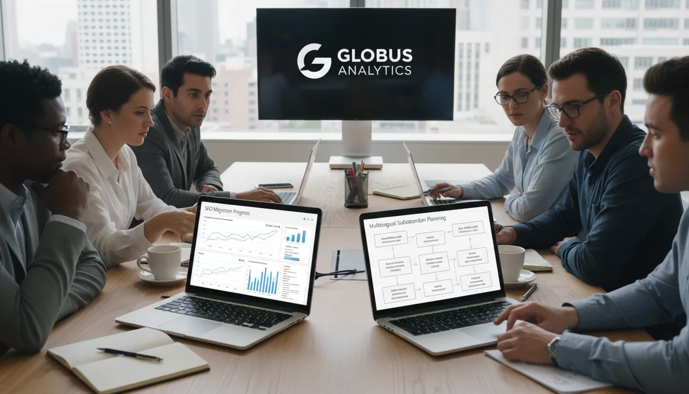 Equipe multidisciplinar analisando dados e estratégias para subdomínios multilíngues visando migração SEO bem-sucedida.