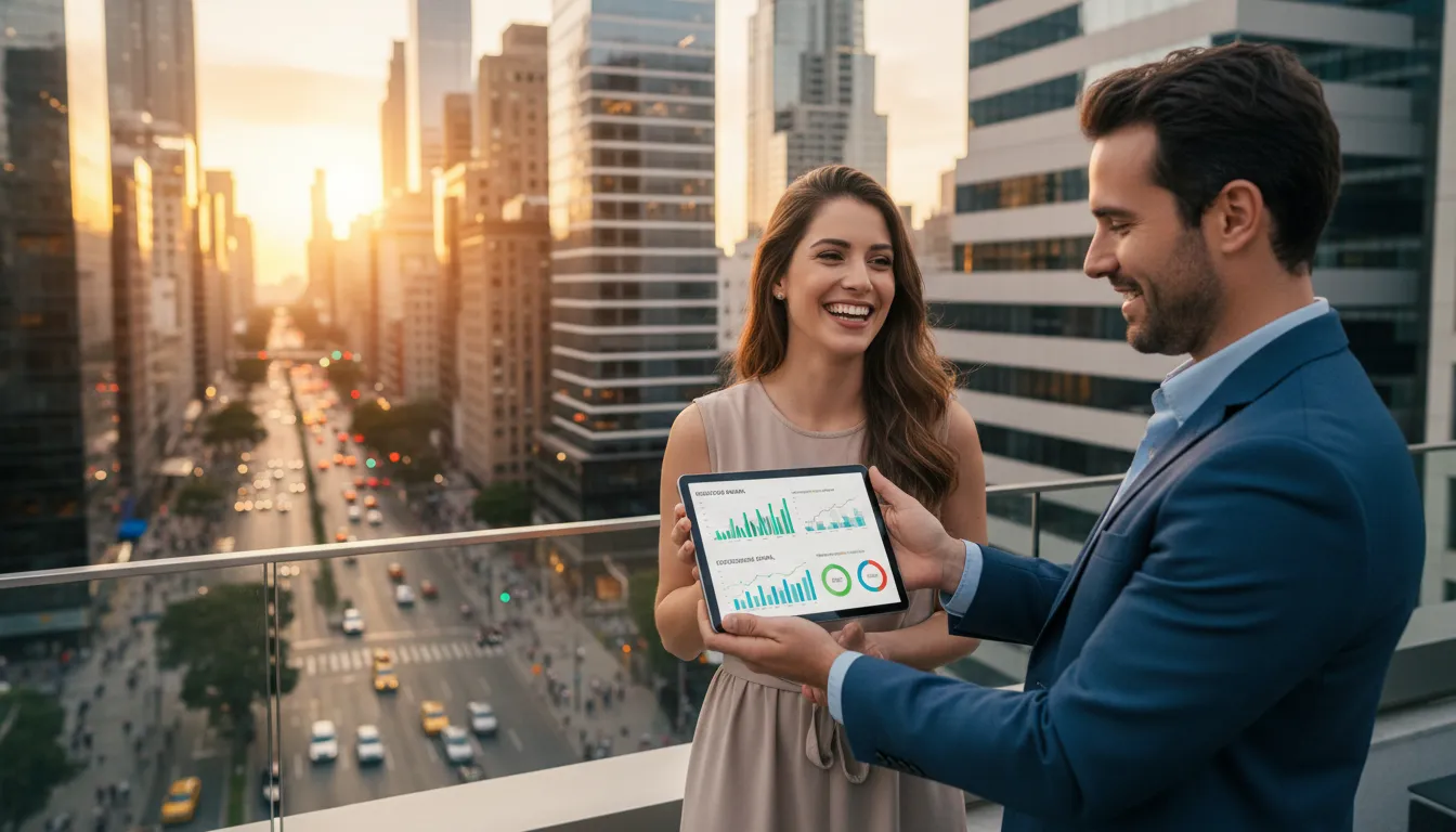 Consultor digital mostra resultados de marketing em tablet para cliente de serviço local