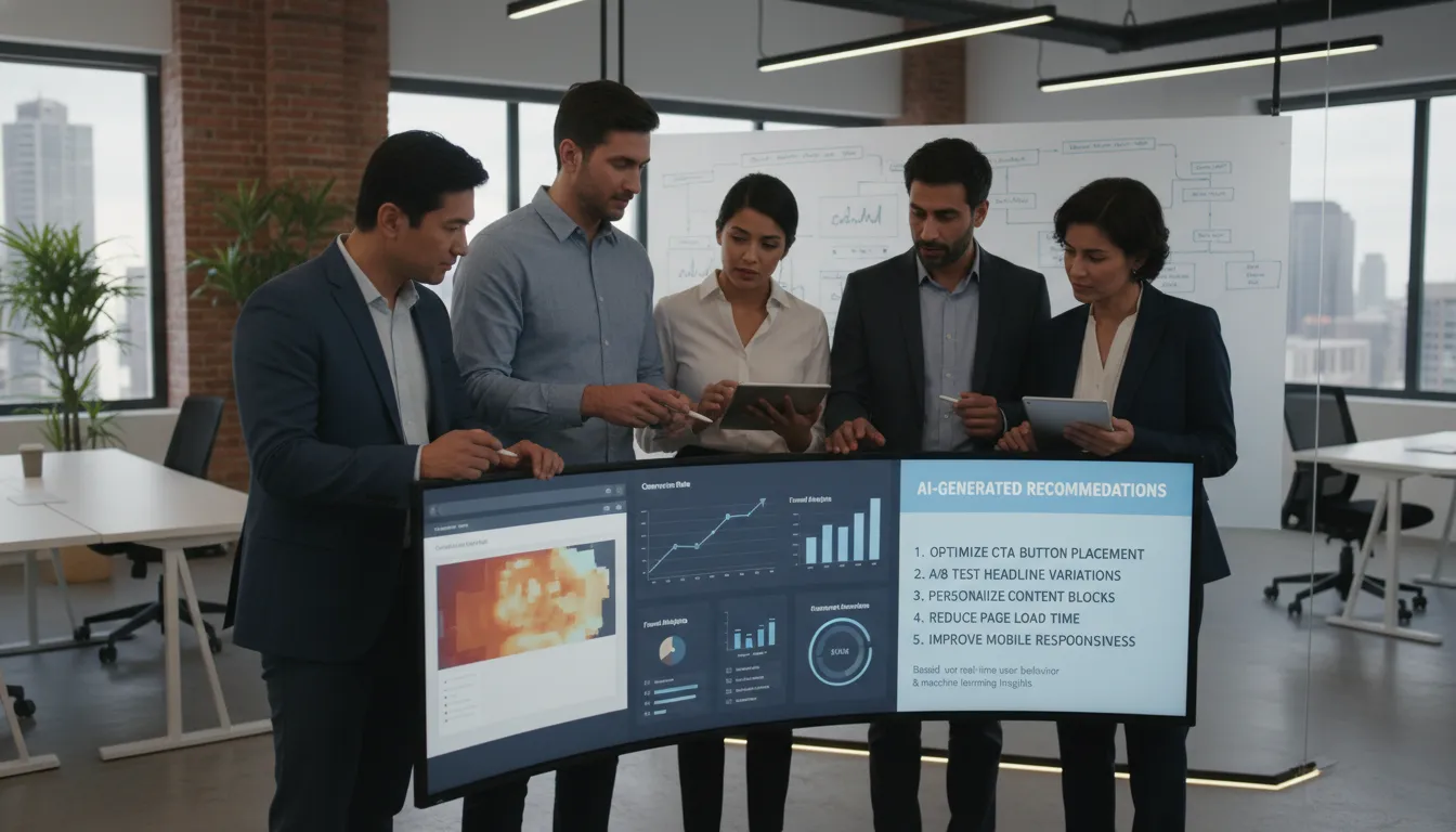 Equipe analisando dados de usuário e sugestões de IA para melhorar a experiência do site.