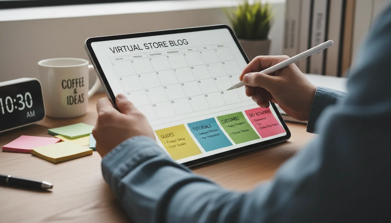 Planejamento editorial de blog de loja virtual sendo criado com ferramentas digitais e notas organizadas.