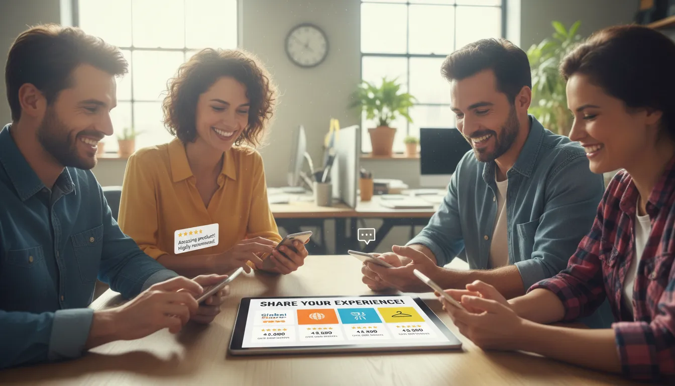 Clientes avaliando pedidos em dispositivos móveis com layout amigável e destaque para reviews positivos.