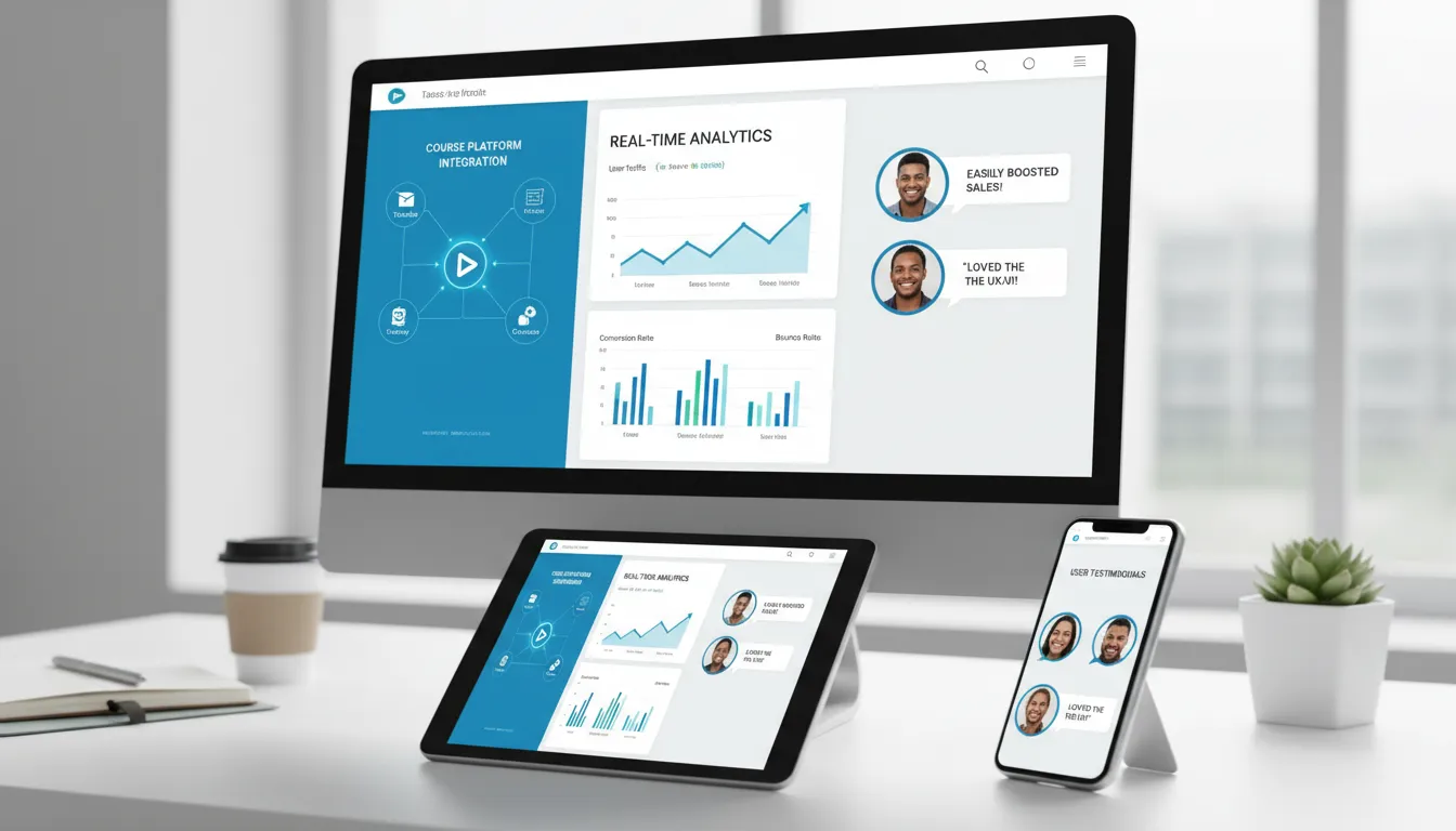 Dashboard exibe métricas, depoimentos e integração entre landing page e plataforma de cursos