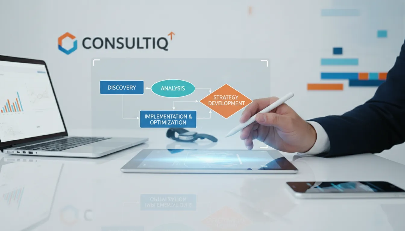Consultor mostrando metodologia em fluxograma sobre mesa com notebook e dispositivos digitais
