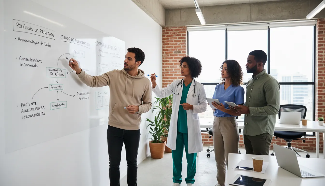 Equipe multidisciplinar planejando site médico com foco em privacidade, agendamento e experiência do paciente.