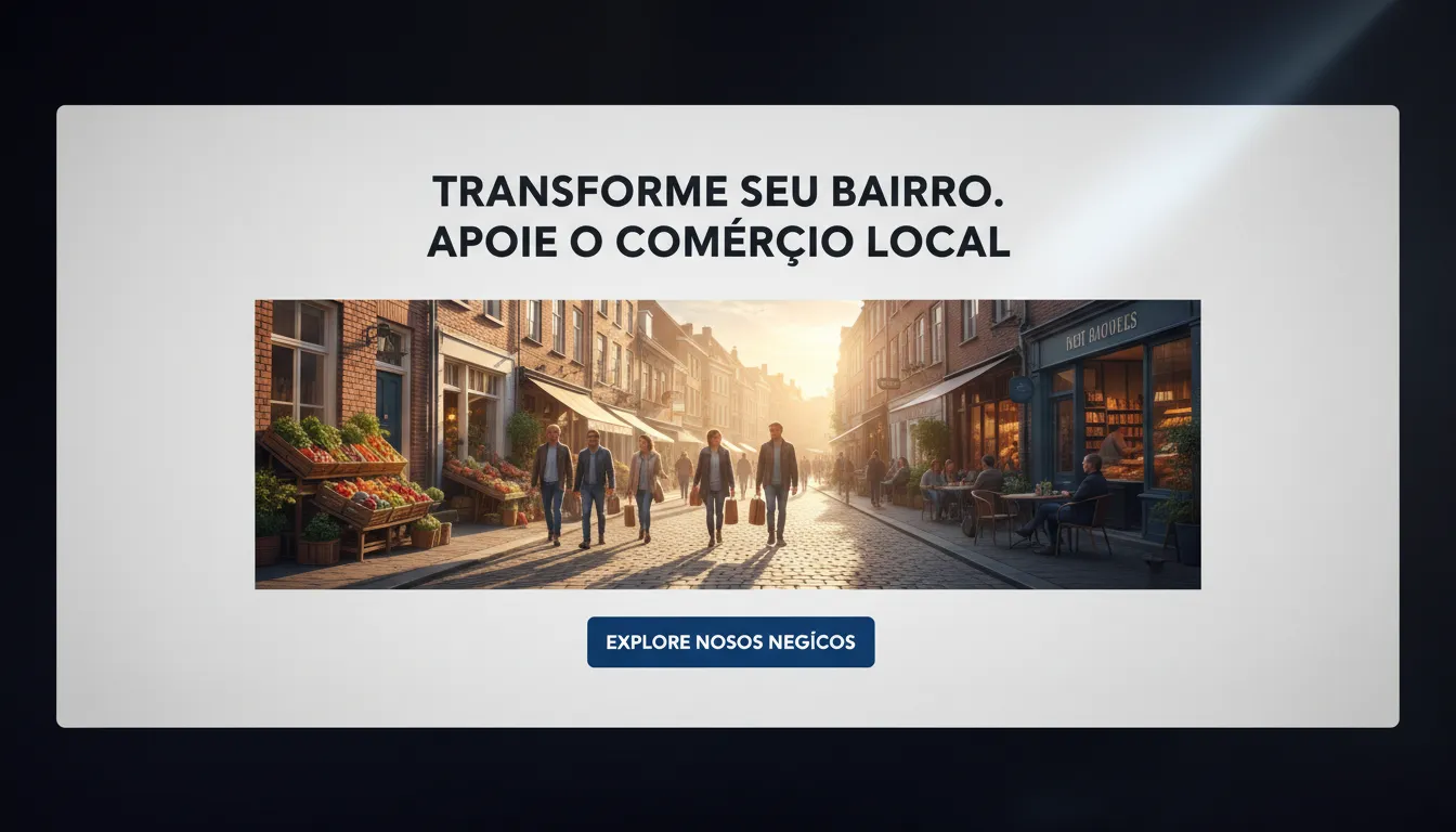Seção herói de site de empresa local com headline marcante e botão CTA, mostrando comércio de bairro animado