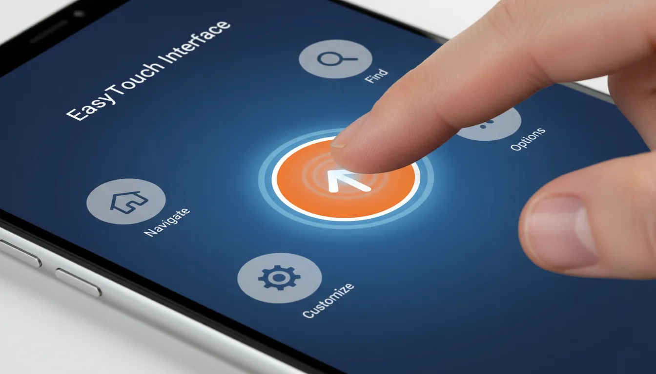 Dedo toca botão grande e destacado em tela mobile, mostrando espaçamento ideal entre ícones e animação de feedback.