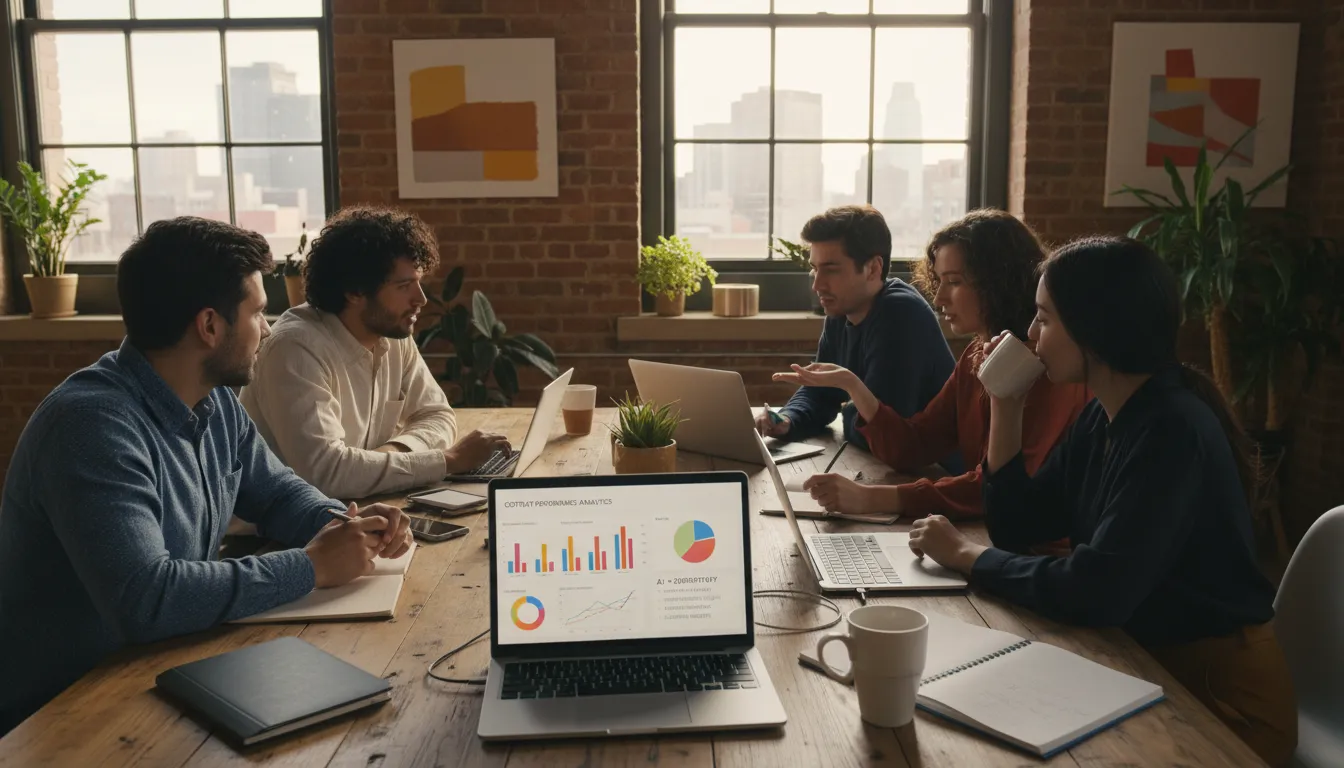 Equipe discute integração IA e criatividade diante de dashboards de performance de conteúdo.