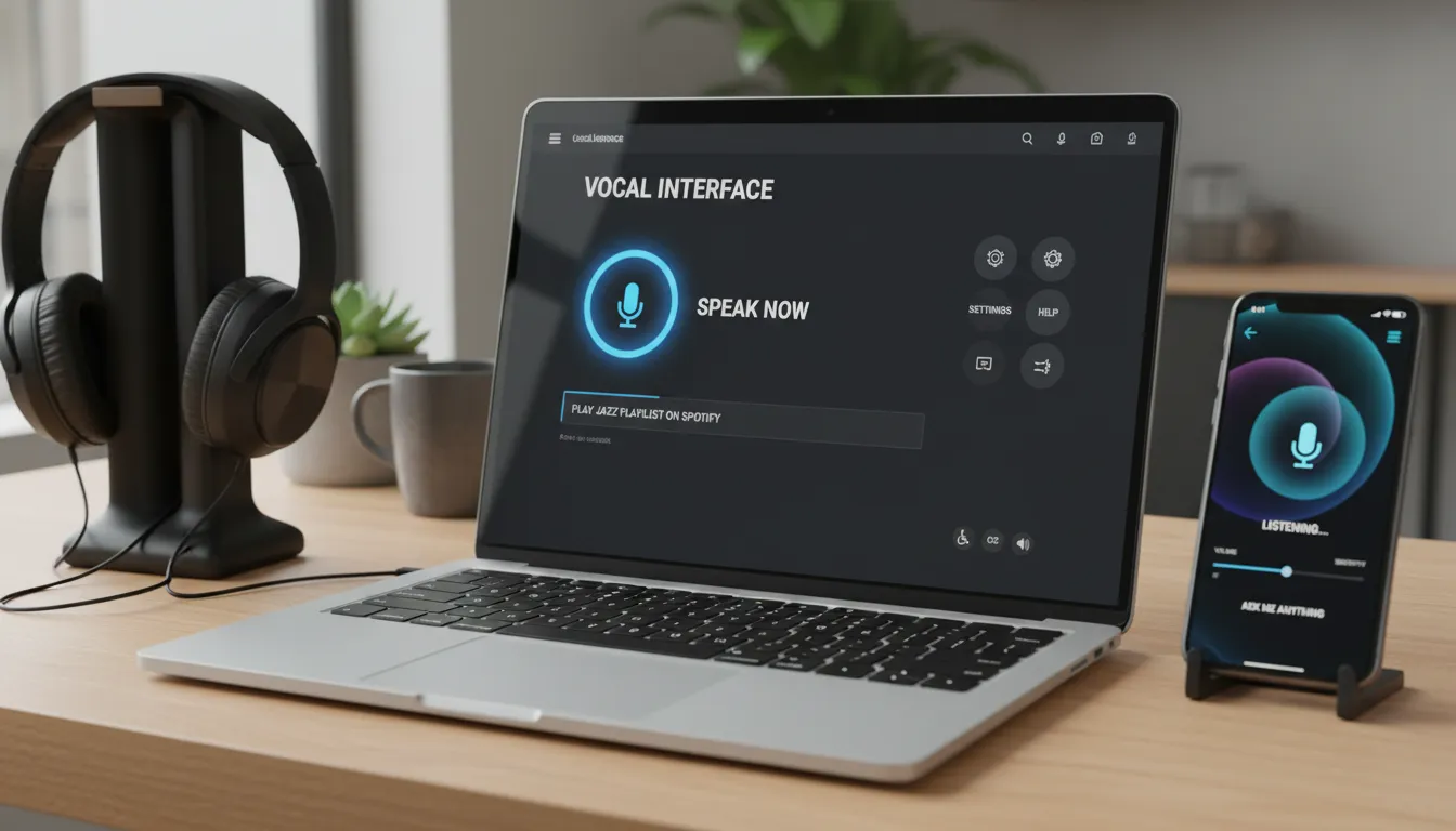 Mesa moderna com notebook exibindo site adaptado para voz e ícones de acessibilidade visíveis