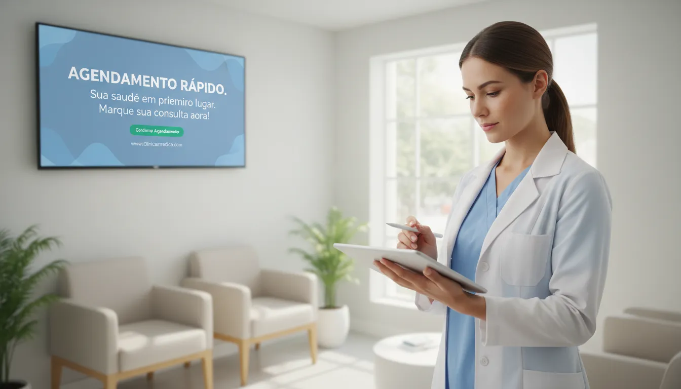 Profissional de saúde em clínica digitalizando agendamento de consulta rapidamente