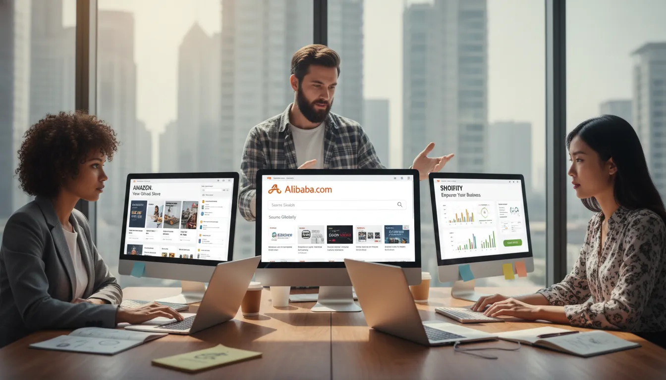 Empreendedores comparando plataformas de e-commerce em ambiente de trabalho tecnológico