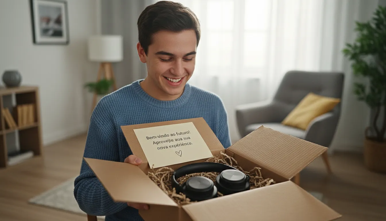 Cliente satisfeito ao receber o primeiro pedido de loja virtual em casa com embalagem personalizada