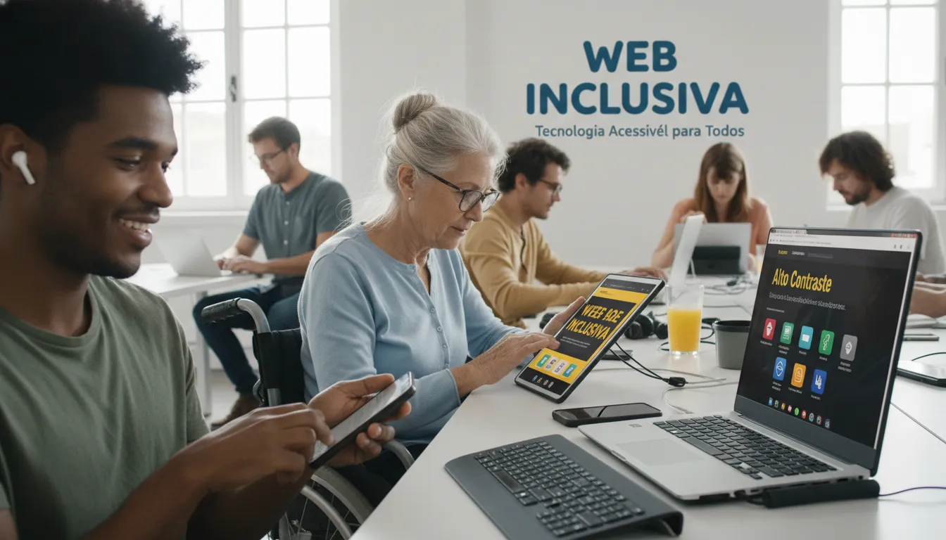 Diversas pessoas acessando a web de forma inclusiva usando diferentes dispositivos acessíveis