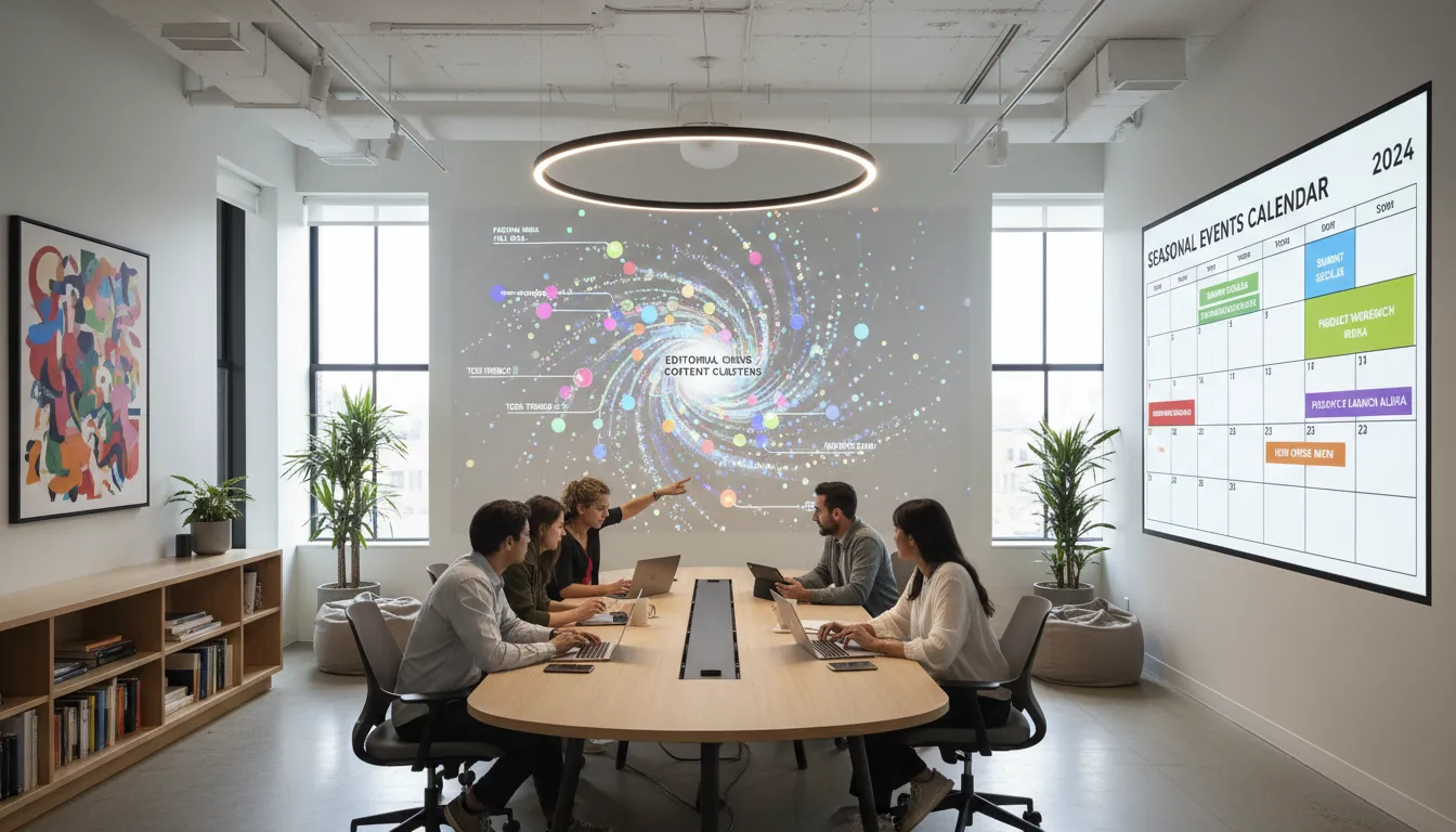 Agência digital reúne equipe para revisão visual de clusters e calendário sazonal em tela grande