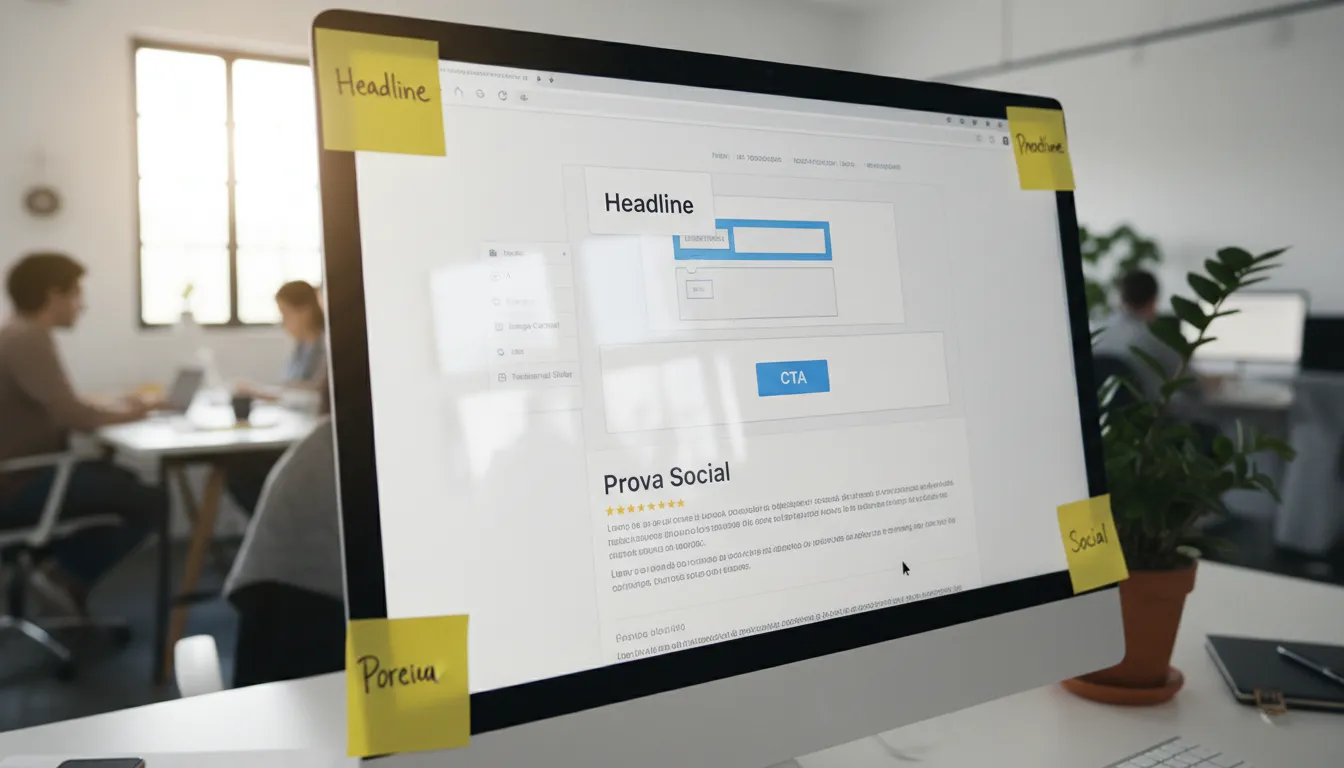 Construção de landing page com destaque para variáveis em teste como headline e CTA.