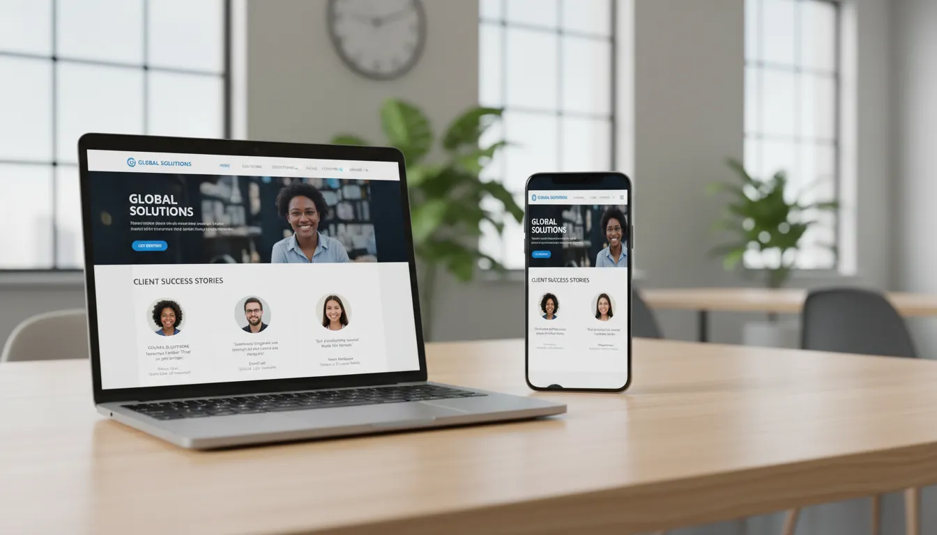 Site responsivo exibido em smartphone e laptop, destacando prova social e navegação clara