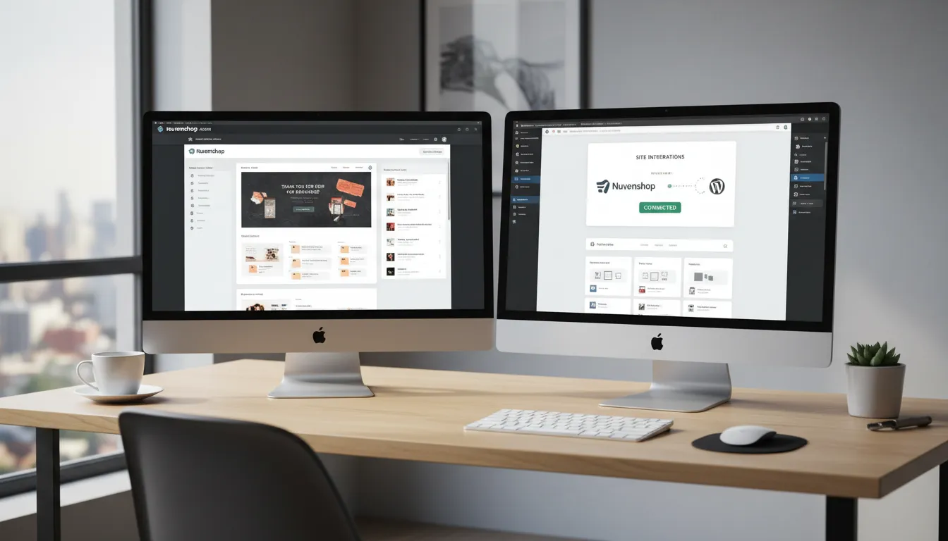Integração entre Nuvemshop e WordPress em computadores exibindo dashboards de edição de página de agradecimento.