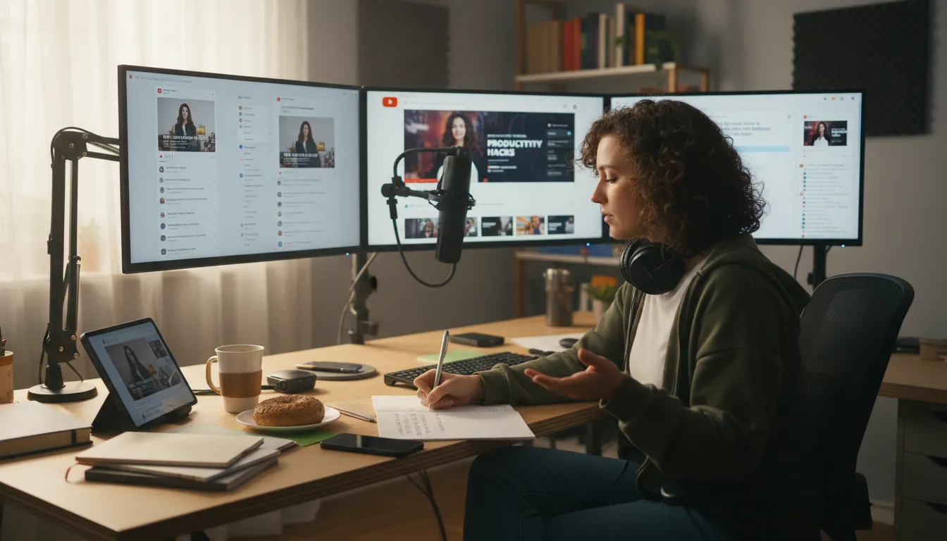 Criador de conteúdo escrevendo roteiro de vídeo e gravando podcast, com variações sociais exibidas ao fundo