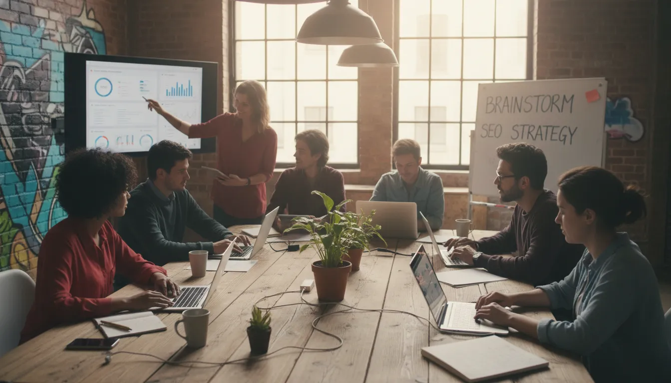 Especialistas digitais reunidos debatendo estratégias de SEO com dashboards abertos