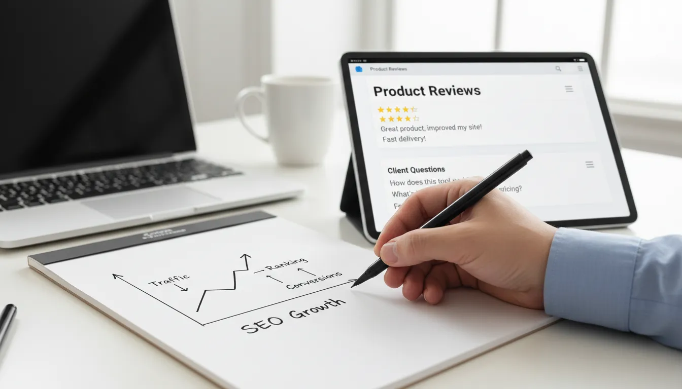 Detalhe do planejamento SEO e reviews em ambiente de trabalho digital.