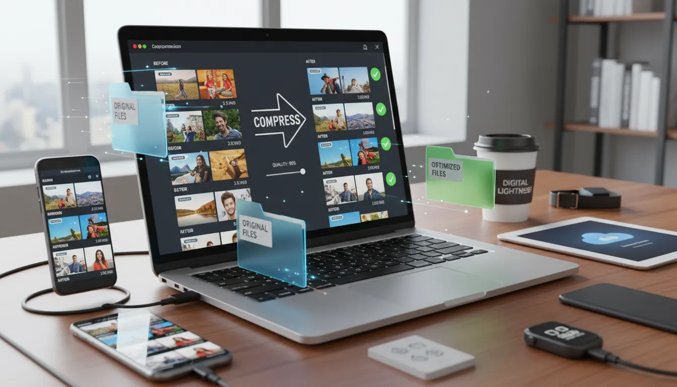 Laptop exibe ferramenta de compressão de imagens com arquivos antes e depois, destacando ganho de performance.