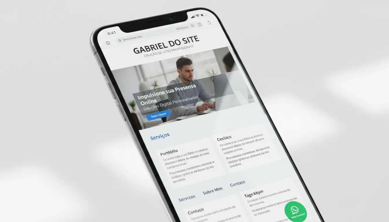 Tela de smartphone mostrando site do Gabriel do Site com botão Whatsapp destacado no canto.