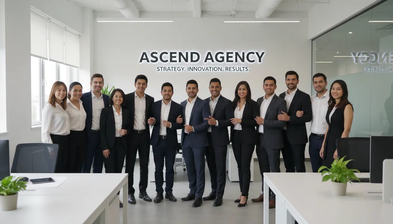 Equipe profissional de agência em escritório moderno, demonstrando diversidade, profissionalismo e união