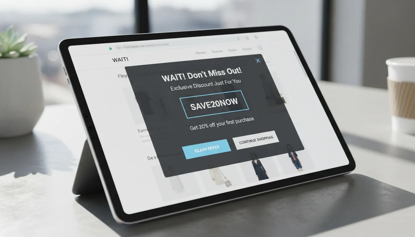Tablet exibindo pop-up de saída com cupom de desconto em site de e-commerce, CTA visível