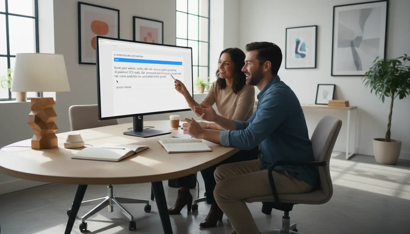 Colaboração revisando sugestões de meta description geradas por IA em ambiente moderno.