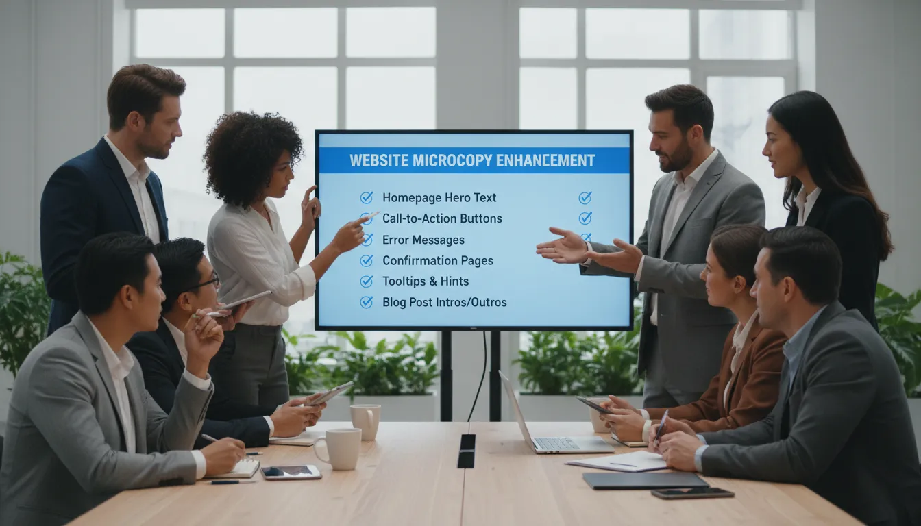 Equipe de marketing revisando checklist digital com dicas de microcopy em um ambiente de trabalho colaborativo.