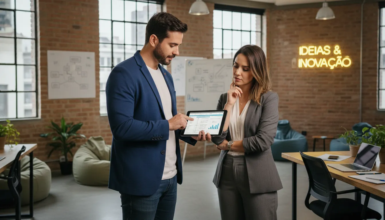 Consultor apresentando cálculo de amortização e retorno de site ao cliente em co-working