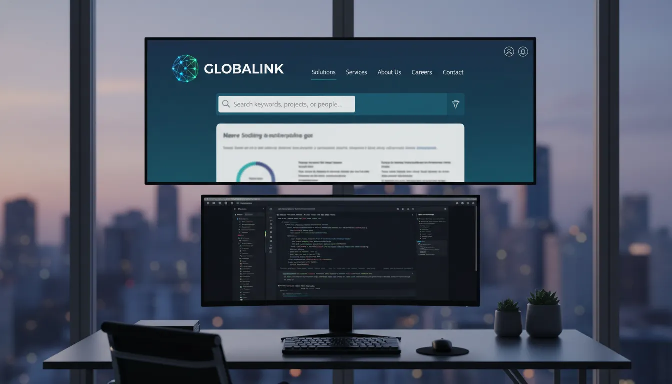 Cabeçalho de site com logo, busca inteligente e navegação acessível em ambiente moderno
