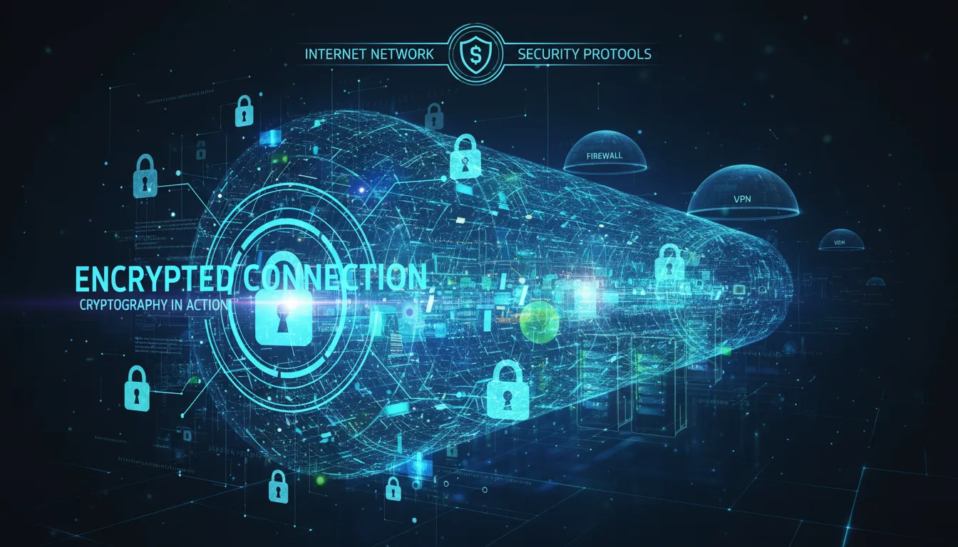 Camada de criptografia SSL ilustrada com pacotes de dados protegidos por cadeados flutuantes.