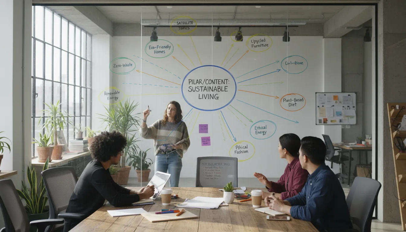 Equipe desenvolvendo modelo de conteúdo pilar/satélite em parede de vidro com post-its em ambiente inovador