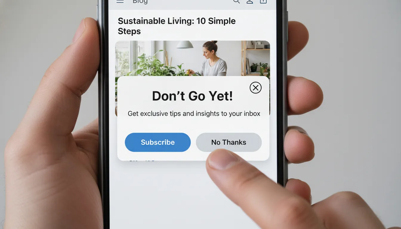 Celular com pop-up de saída acessível, formulário simples sobre página de blog