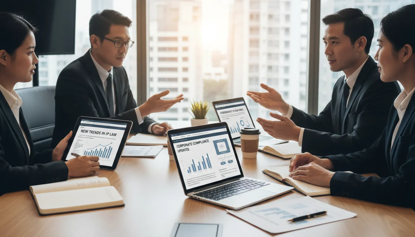 Advogados e clientes usando tecnologia digital em reunião, reforçando confiança e relação profissional.