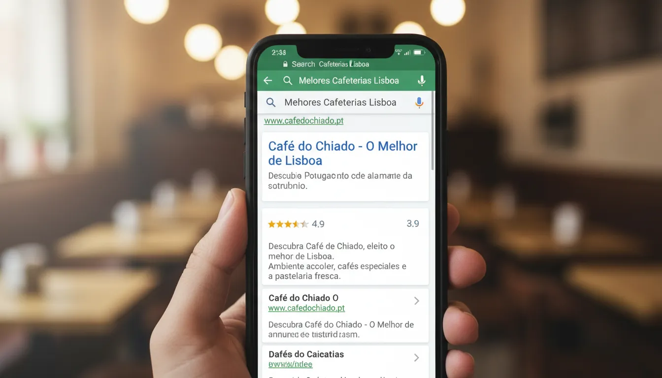 Site aparece nos primeiros resultados do Google em um smartphone, destacando conquista de visibilidade.