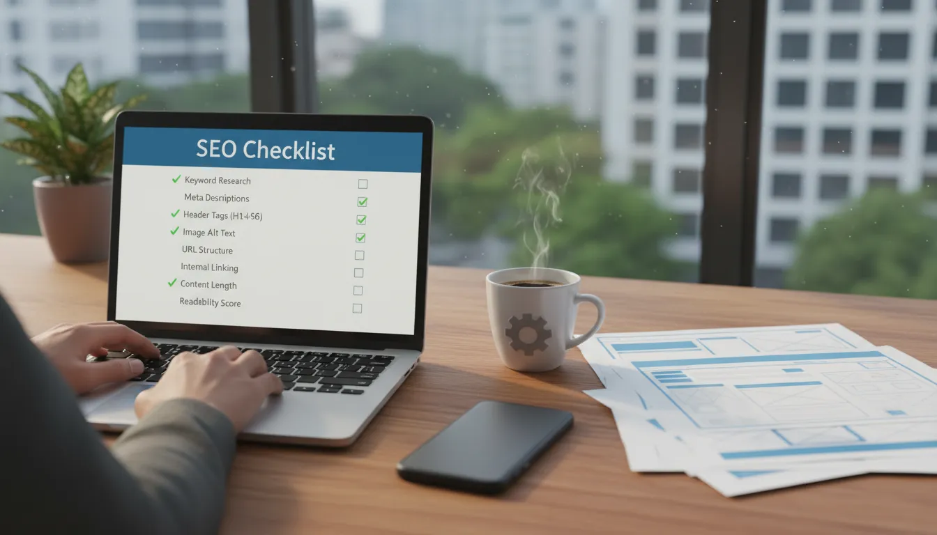Web designer revisando checklist de conteúdo SEO e wireframe de site com ambiente iluminado e produtivo.