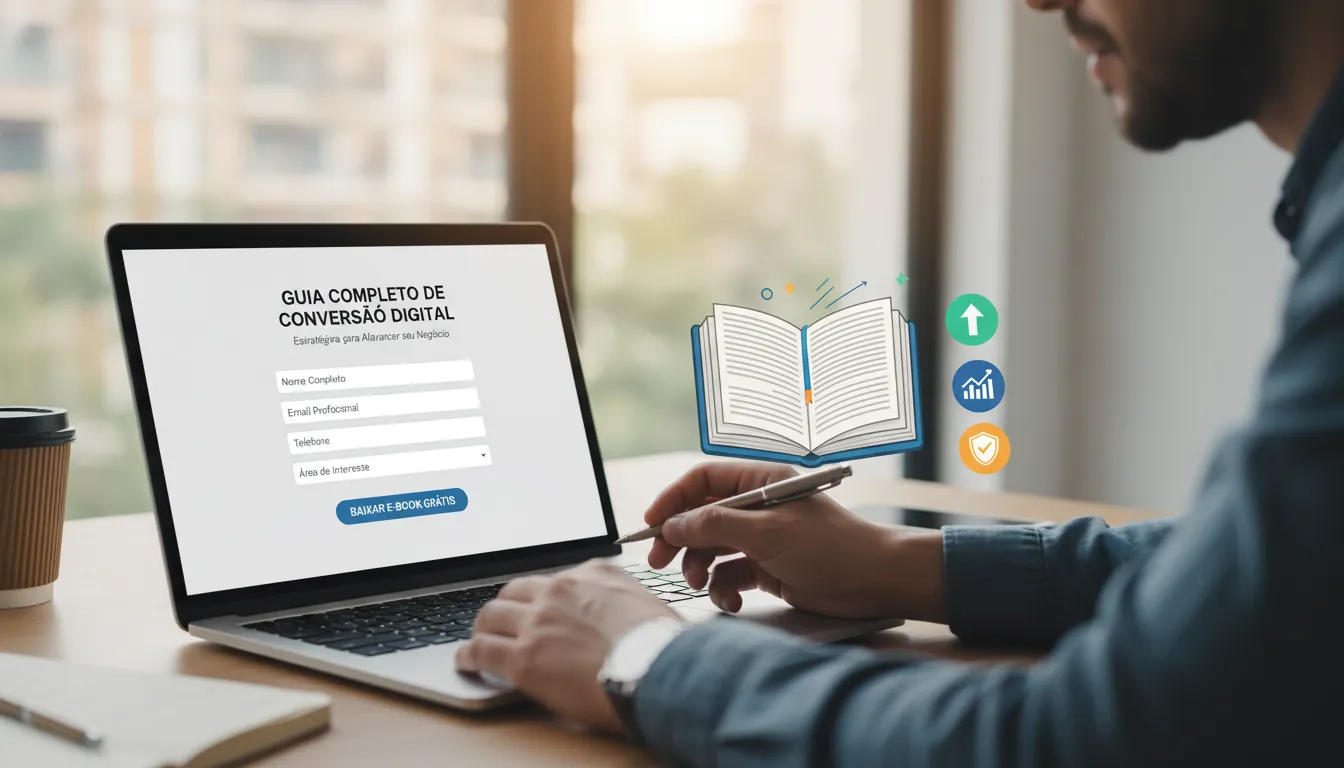 Usuário preenchendo formulário para download de e-book em notebook com gráficos de engajamento ao fundo.