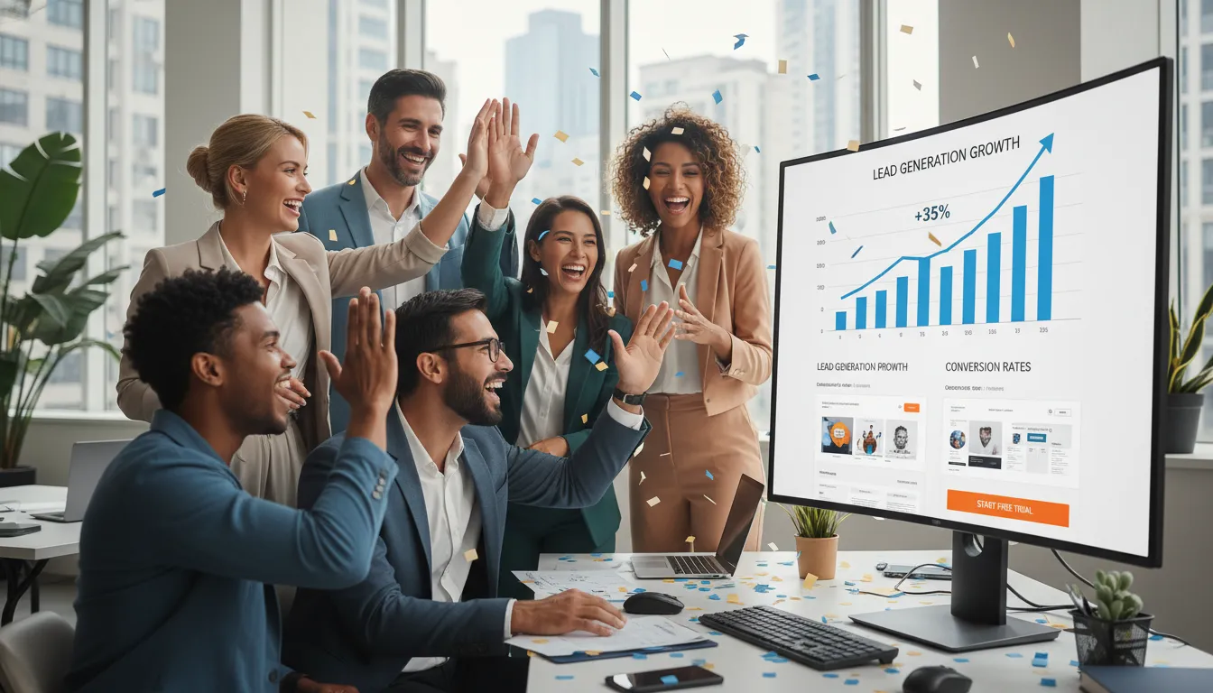 Equipe digital celebrando resultados de landing page com gráficos de crescimento e layout de conversão na tela.
