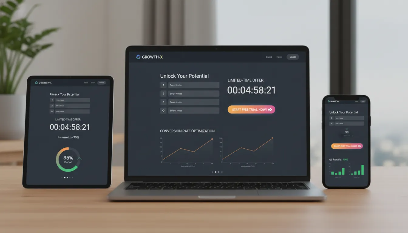 Landing page responsiva com widgets personalizados e gráficos de alta conversão em vários dispositivos.