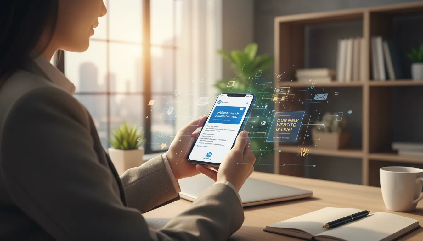 Pessoa anunciando lançamento de site por e-mail e redes sociais usando smartphone em ambiente de trabalho aconchegante.