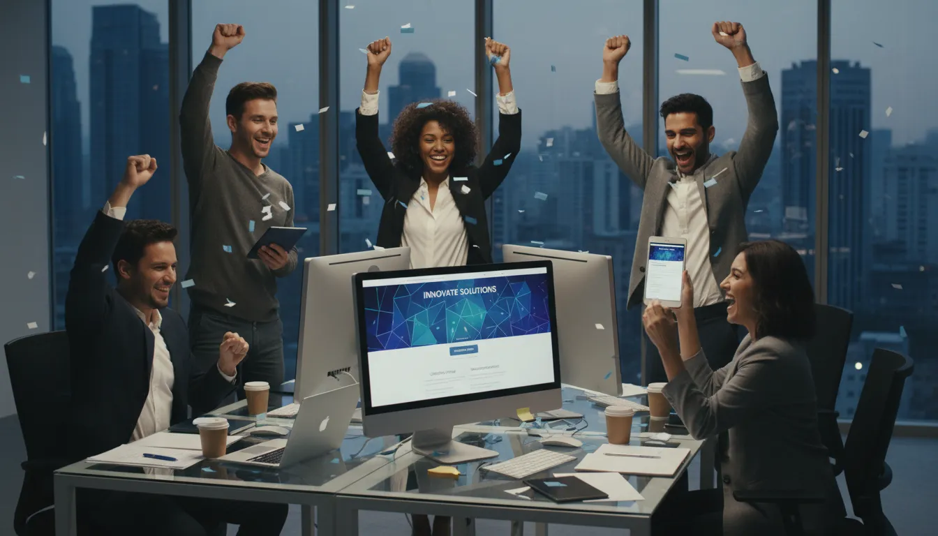 Equipe celebrando conclusão de site personalizado, mostrando design exclusivo e inovação.