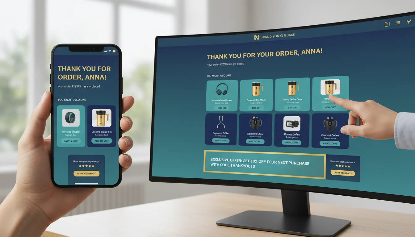 Página de agradecimento exibindo ofertas de upsell, CTA e solicitação de feedback em smartphone e desktop.