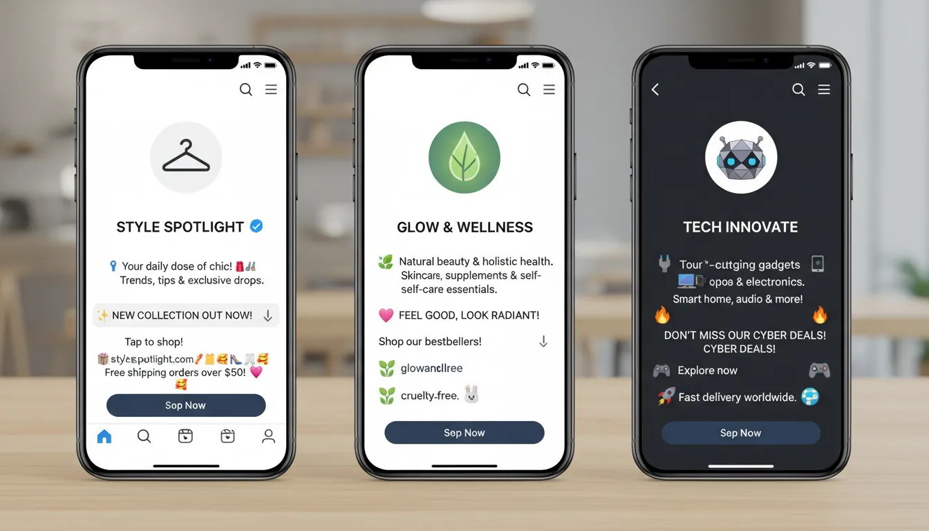 Três telas de celular mostrando exemplos de bios otimizadas para moda, saúde/beleza e tecnologia.