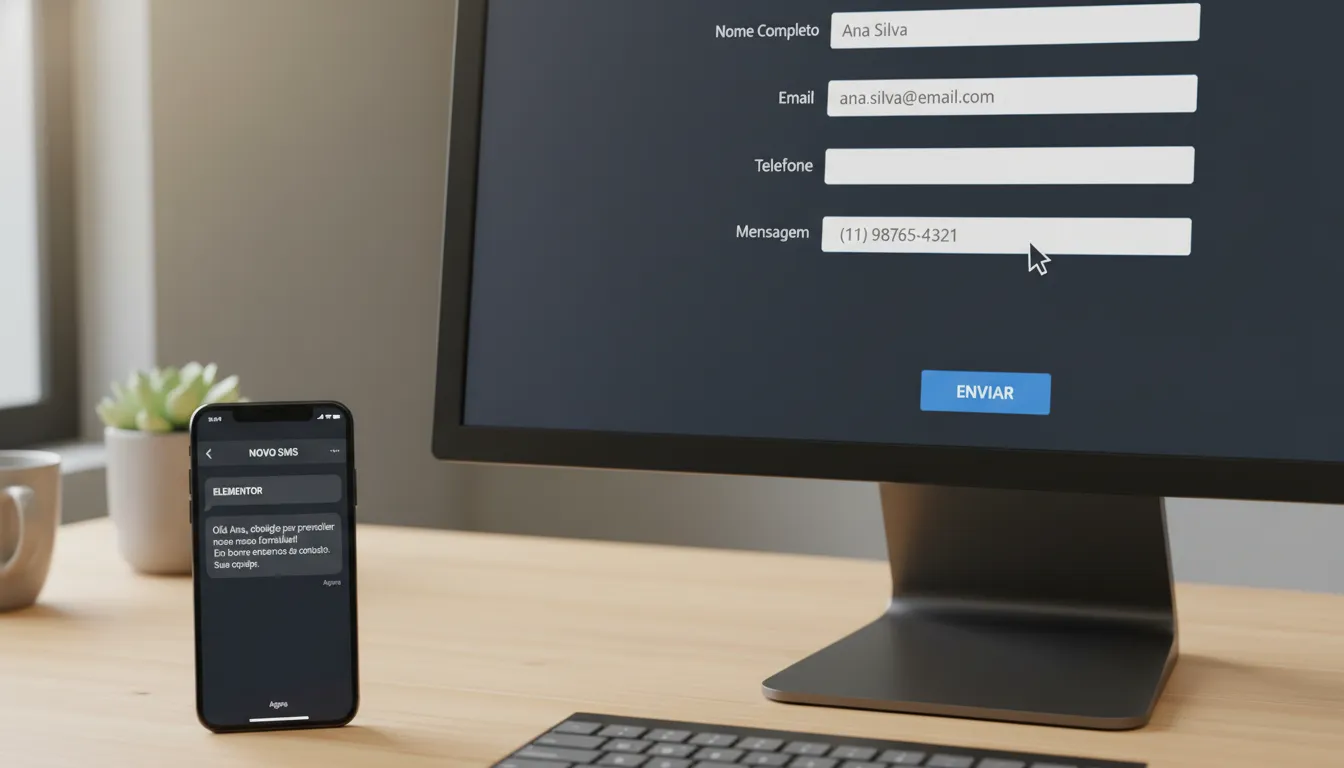 Formulário sendo preenchido e SMS automático chegando no celular, evidenciando automação