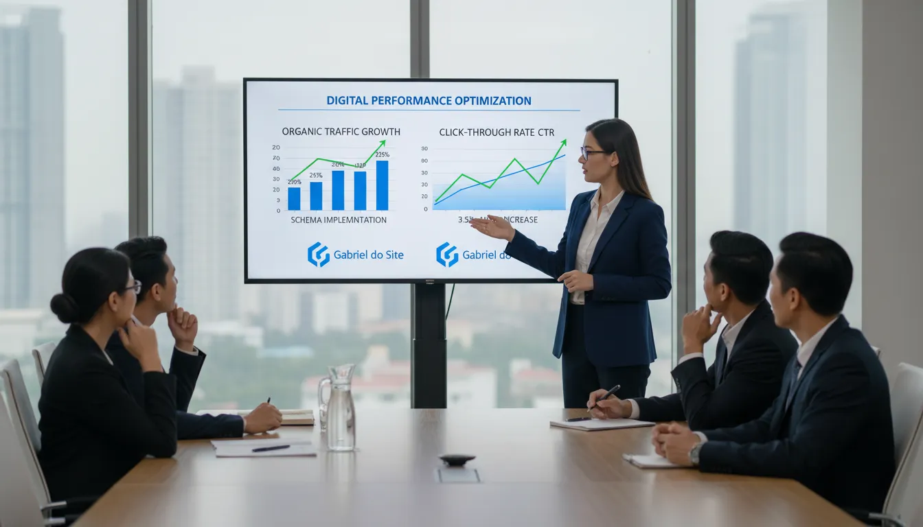 Consultor apresenta gráficos de tráfego orgânico e CTR após implementação de schema com marca Gabriel do Site.