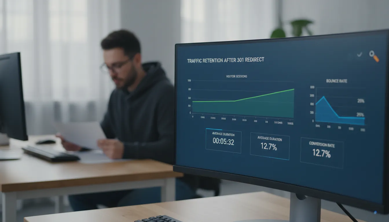 Dashboard de analytics mostrando estabilidade de tráfego após redirecionamento 301