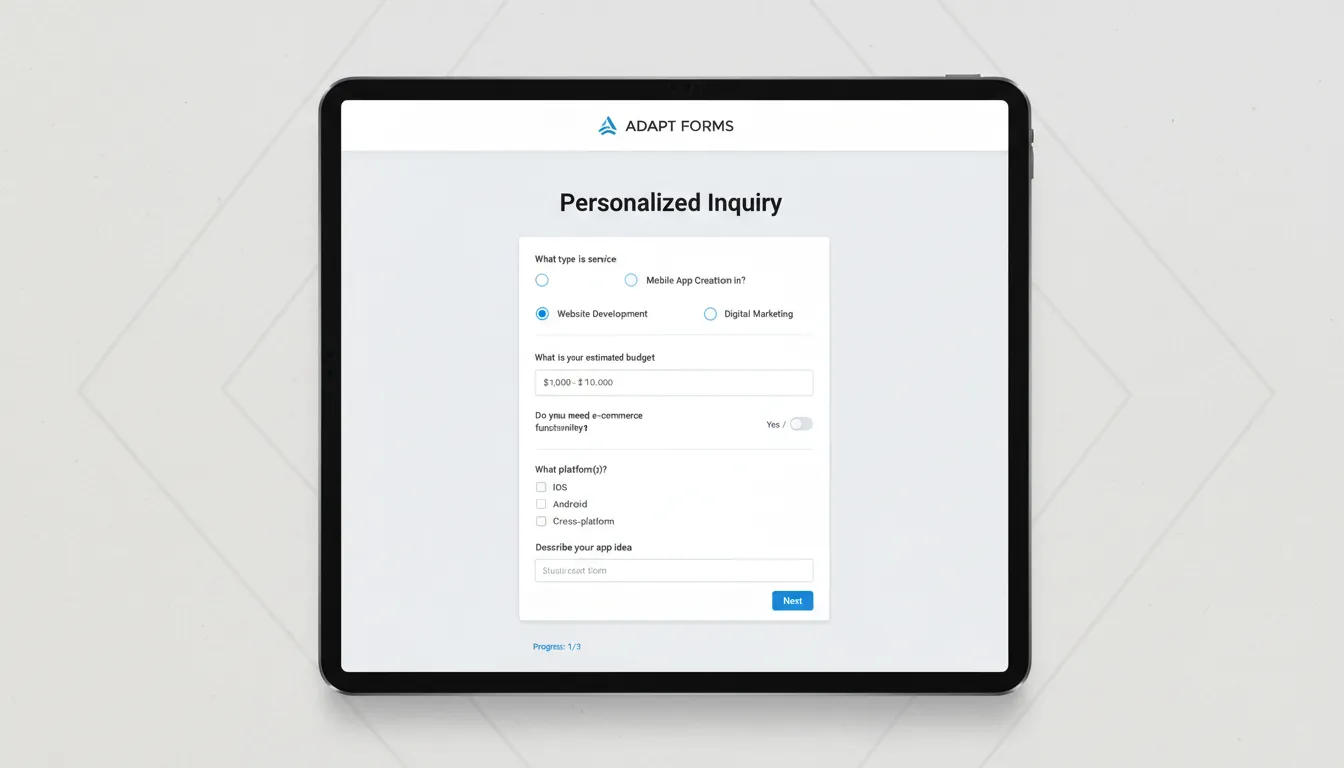 Formulário inteligente dinâmico em website responsivo com campos personalizados para captação de leads.