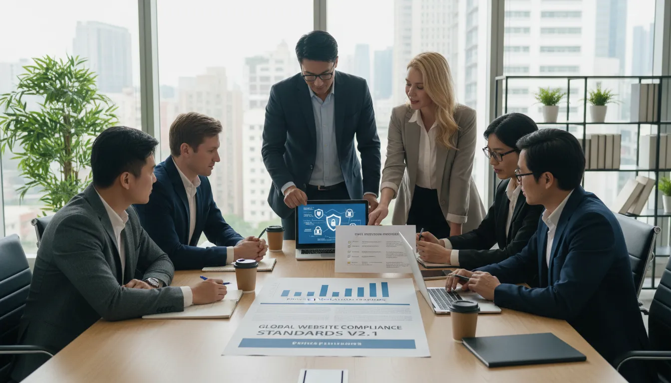 Equipe diversa analisando política de privacidade impressa com laptops abertos e checklist de compliance LGPD