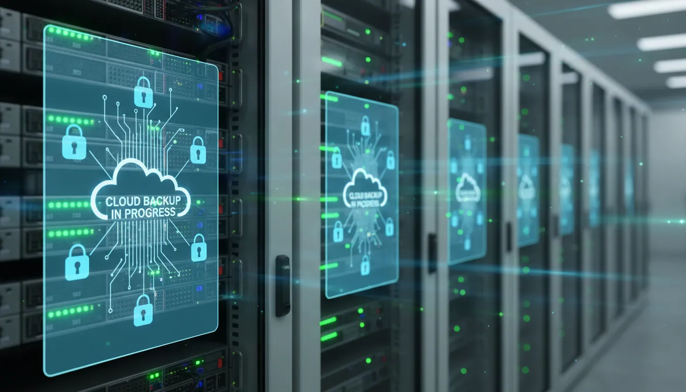 Racks de servidores automatizados com backups em nuvem e ícones de proteção de dados em destaque.